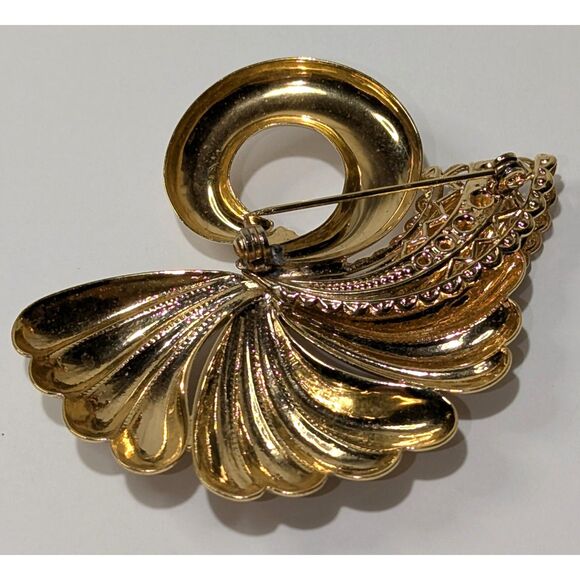 Deco Style Fan Brooch Gold Tone Rhinestones - Picture 2 of 5